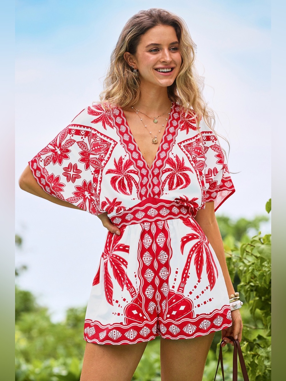 Cupshe White and Red Tropical V-Neck Romper